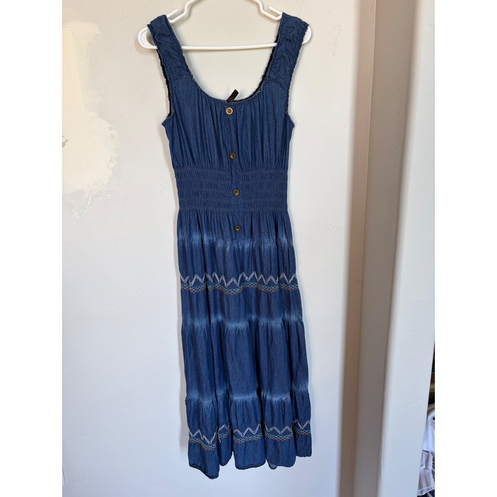 Lapis Blue Chambray Tiered Midi Dress Smocked Waist Embroidered Boho Womens M